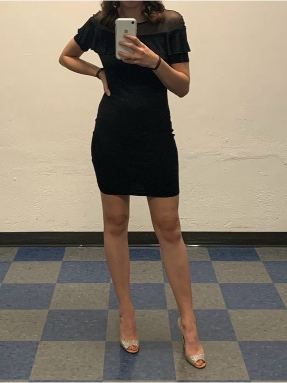 Black Bodycon Dress with Mesh Shoulders